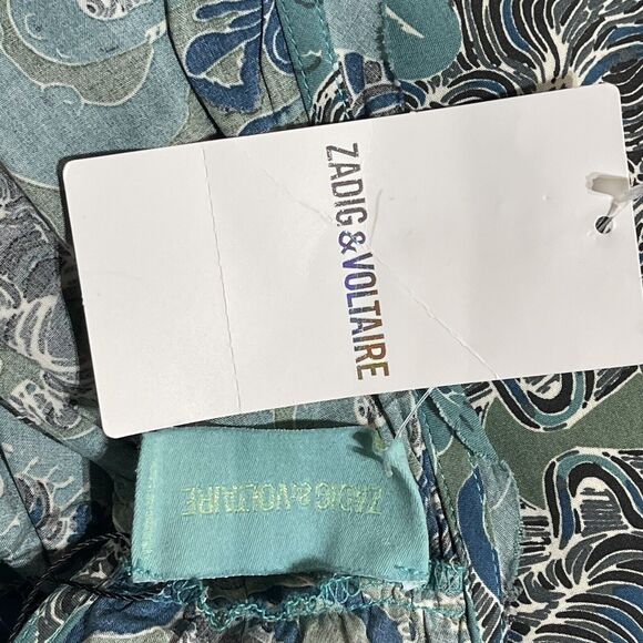 Zadig & Voltaire Small Asymmetrical Dress Sleeveless Deep V-Neck Teal Abstract - Picture 9 of 11